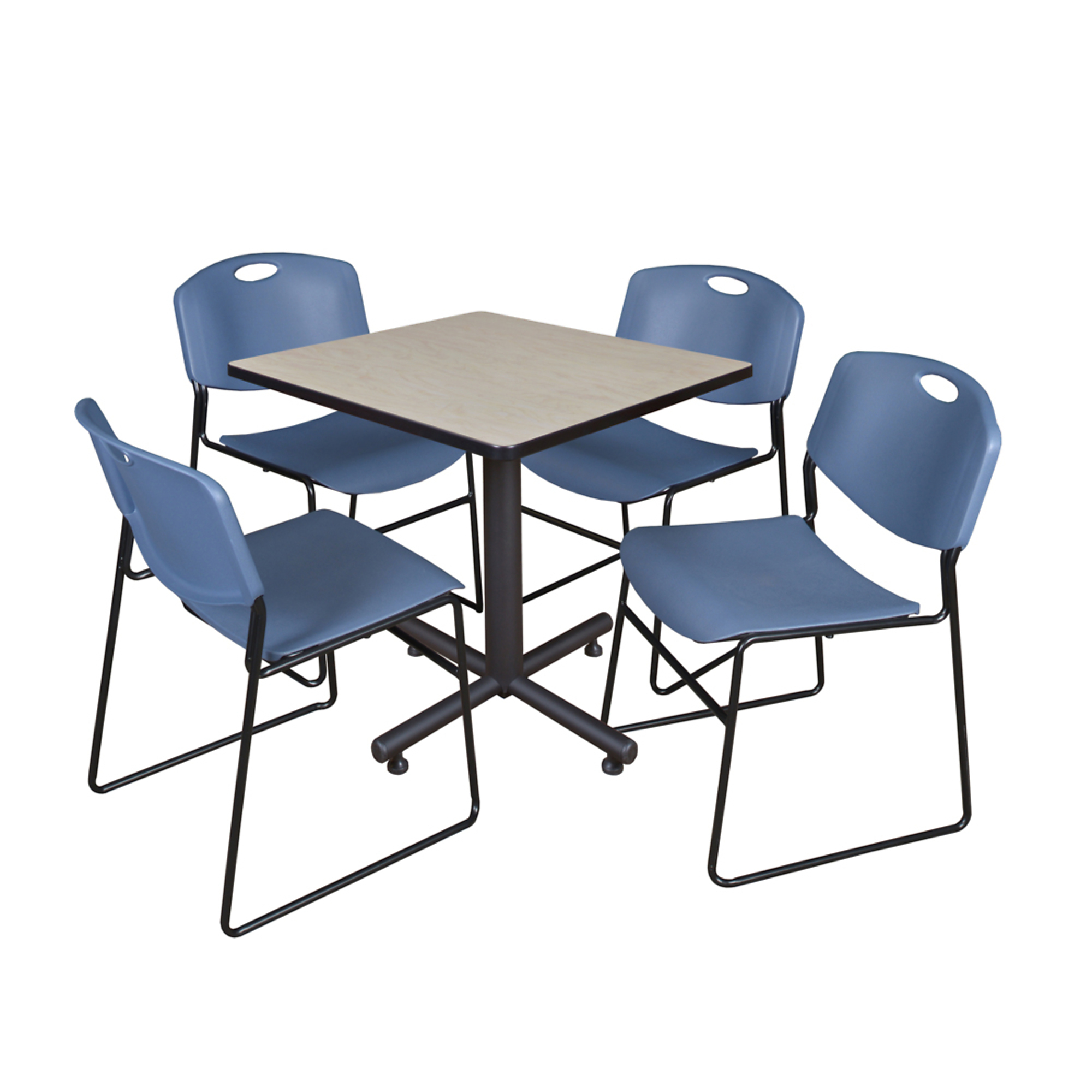 Regency Kobe Square X-Base Breakroom Table with 4 Zeng Stack Chairs — 30in., Maple/Blue, Model# TKB3030PL44BE